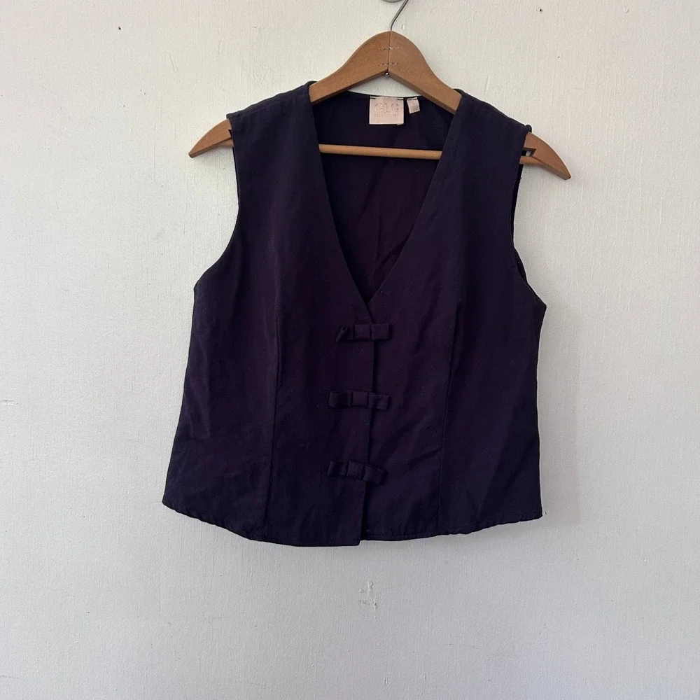 Good Luck Gem Vest Women Large Blue Bow Front Cotton Sleeveless Office Siren